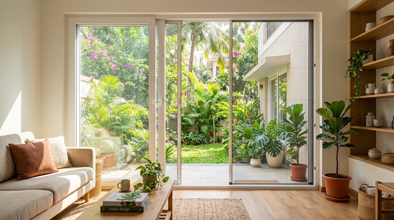 Bright sunlit modern Indian apartment balcony with clean insect screen installed